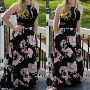 Black Floral high low Prom Dress with pockets Junior Size 10 fits Adult Size 3